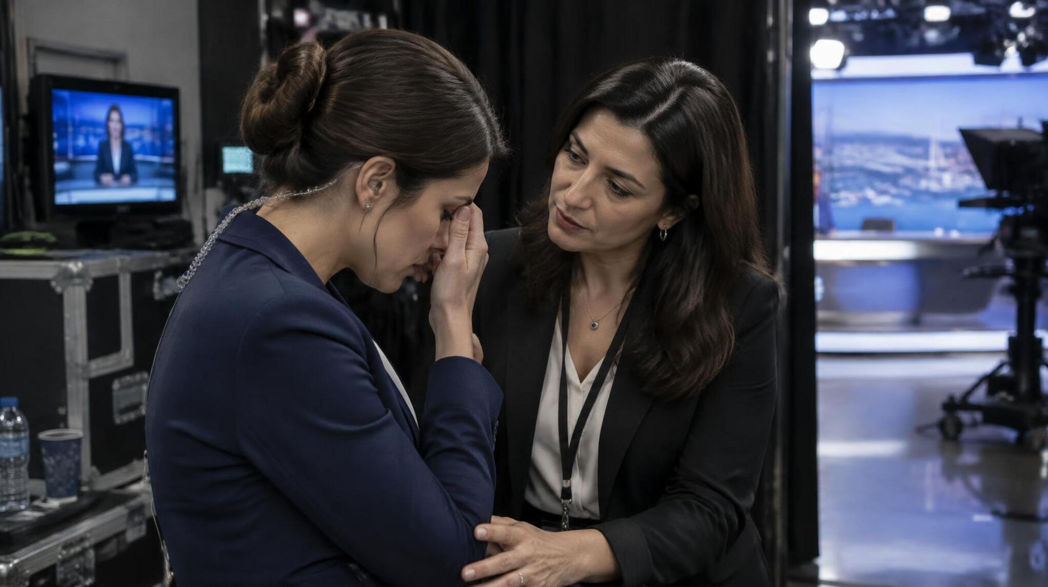 Mediator calming a news anchor backstage before broadcast