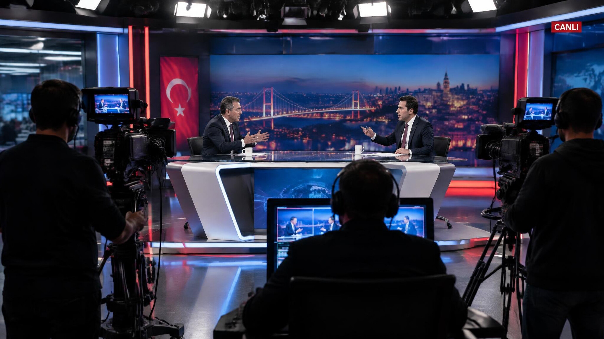 Tense moment in a television studio during a live broadcast debate